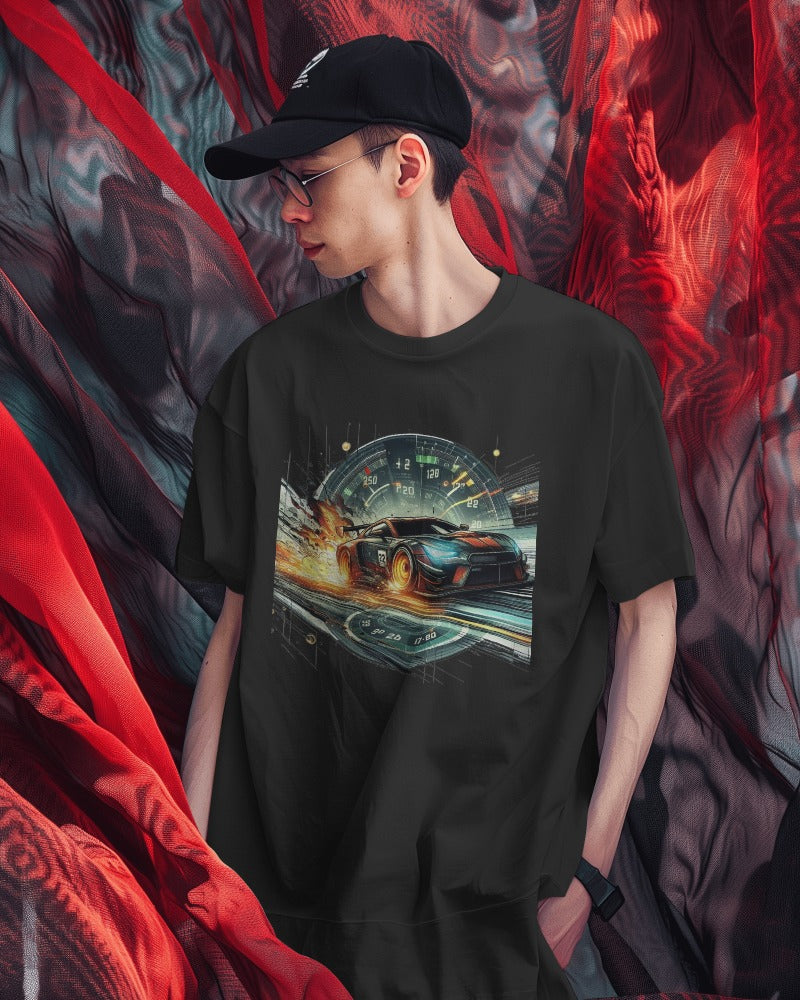 American model wearing a black T-shirt with a realistic Car Racing design.