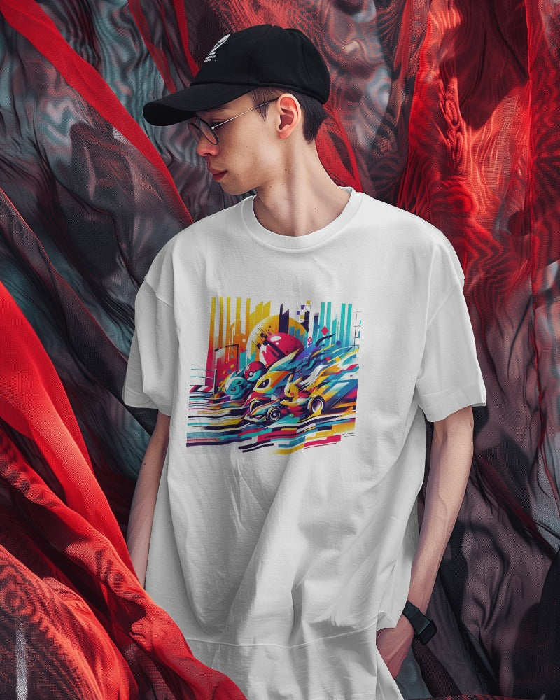 American Model wearing a white T-shirt with a trending Pokemon design.